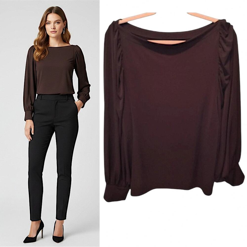Ann Taylor Black Puff Sleeve Top Women’s L Boat Neck Stretch Knit Blouse Preppy